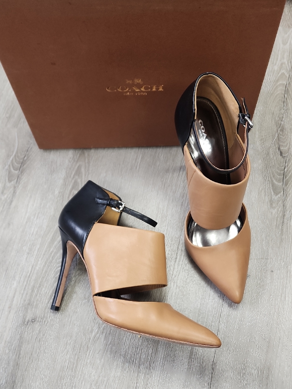 Coach Two-Tone Black and Tan Pointed Toe Ankle Strap Heels